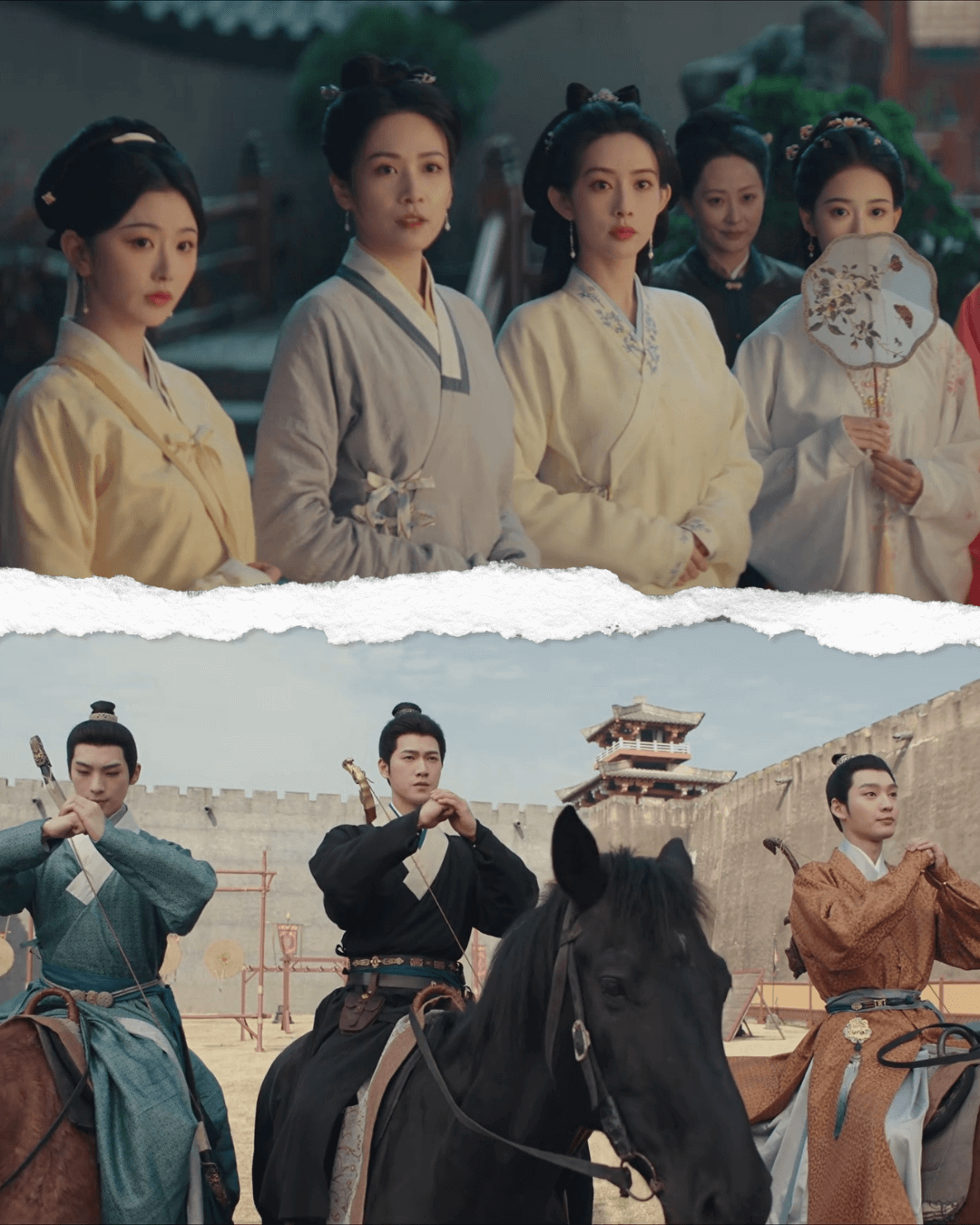 Scenes highlighting the quintessential jiaoling youren crossed collar, as seen in ‘Blossom’ (2024), Tencent Video. Visual edit by Tiffilosophy. 